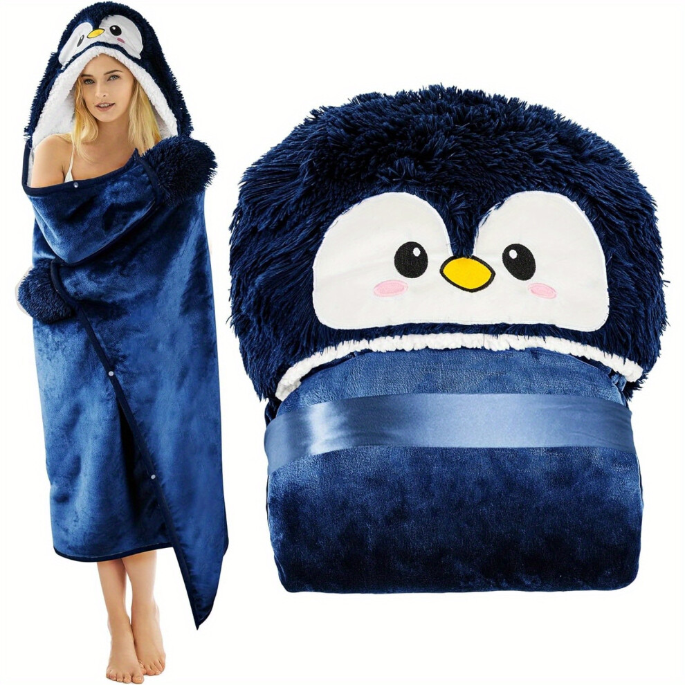 Topsrjyl (Dark Blue) Cozy Penguin Wearable Blanket - Ultra-Soft Flannel & Sherpa Fleece Adult Cloak With Warm Gloves - Machine Washable