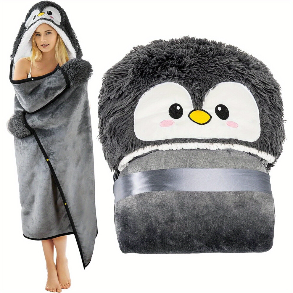 Topsrjyl (Gray) Cozy Penguin Wearable Blanket - Ultra-Soft Flannel & Sherpa Fleece Adult Cloak With Warm Gloves - Machine Washable