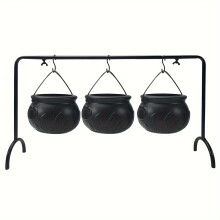 (3pcs) Halloween Witch Cauldron Serving Set - 3 Black Plastic Bowls with Rack for Indoor/Outdoor Decor, Perfect for Parties & Home, for Halloween, Winter