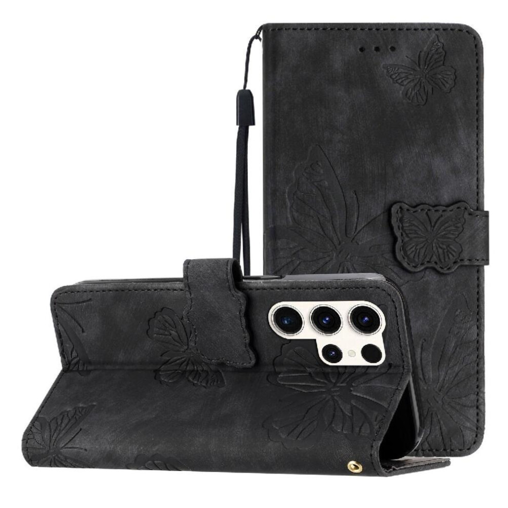 (Black) Flip Case For Samsung Galaxy S25 Ultra Magnetic Closure Wallet Pu Leather Card Slots Holder Butterfly Black 764563523795