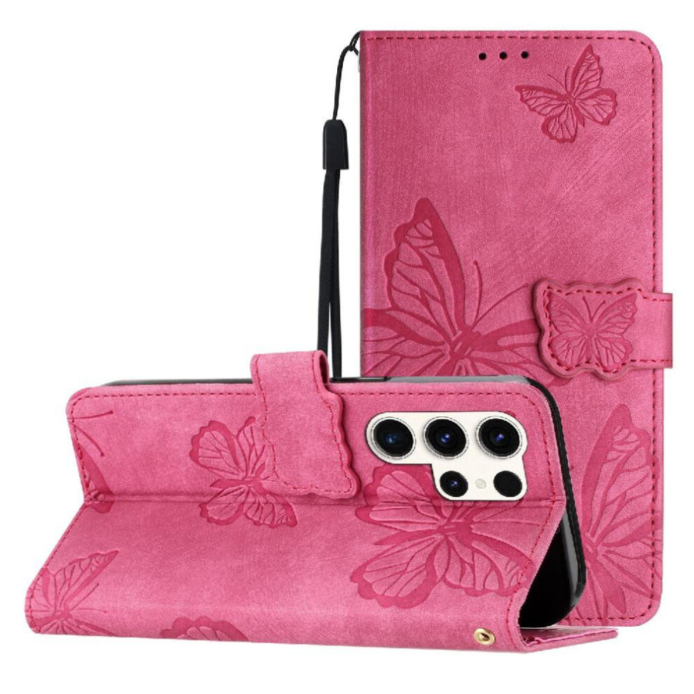 (Red) Flip Case For Samsung Galaxy S25 Ultra Magnetic Closure Wallet Pu Leather Card Slots Holder Butterfly Red 764563523757