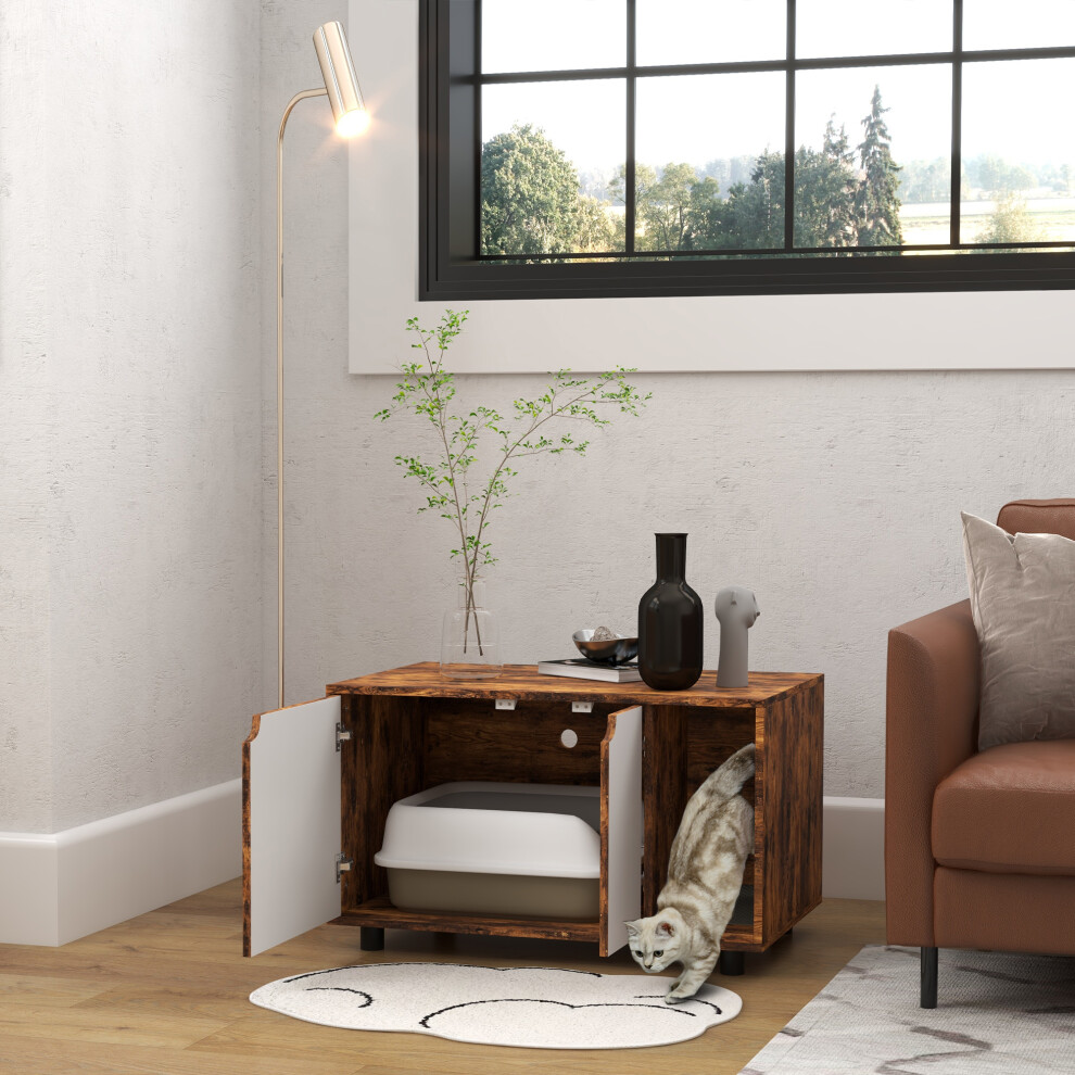 PawHut Hidden Cat Litter Box Furniture w/ Sand Drain Pad - Rustic Brown