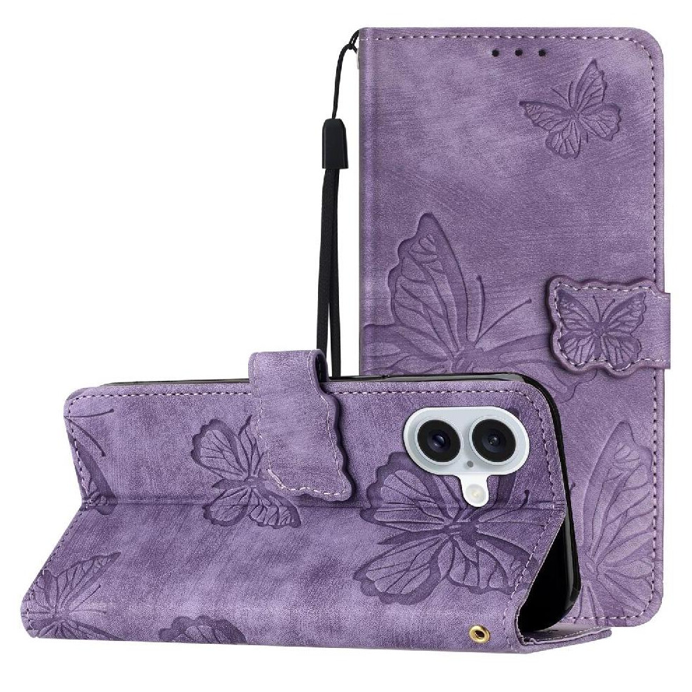 (Purple) Flip Case For Iphone 16 Wallet Card Slots Holder Magnetic Closure Butterfly Pu Leather Purple 764563524525