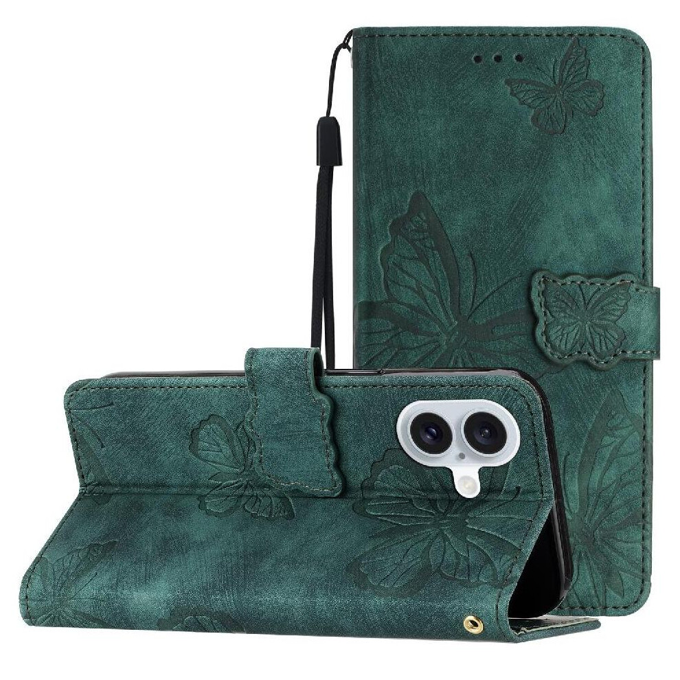 (Green) Flip Case For Iphone 16 Wallet Card Slots Holder Magnetic Closure Butterfly Pu Leather Green 764563524532