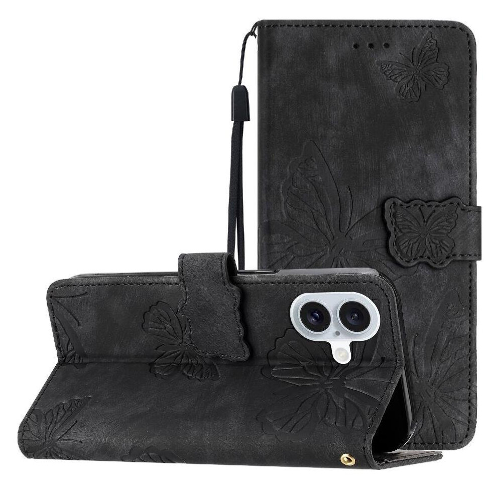 (Black) Flip Case For Iphone 16 Wallet Card Slots Holder Magnetic Closure Butterfly Pu Leather Black 764563524549