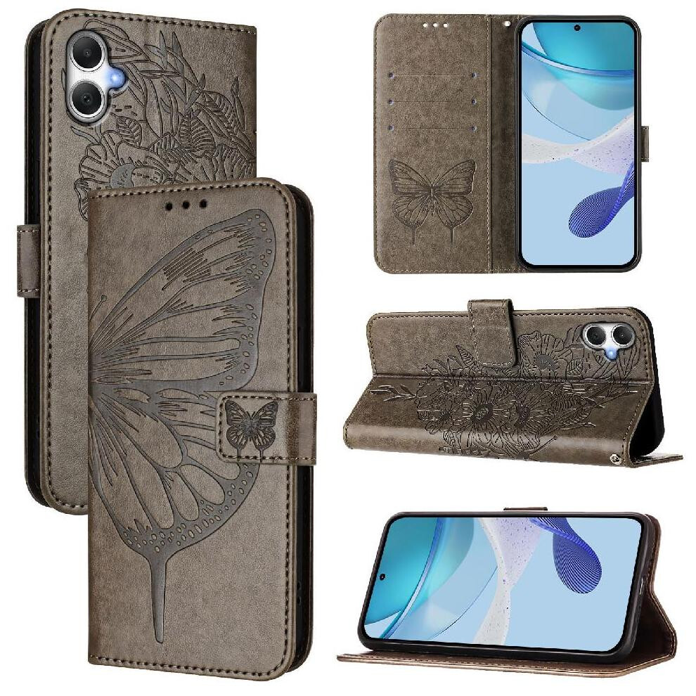 Photos - Case   for Samsung Galaxy A07 4g Embossing Butterfly Magnetic Flip Cover Premium Leather(Gray )