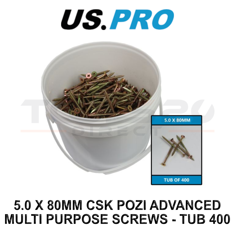 Us Pro Tools 5.0 X 80Mm Csk Pozi Advanced Multi Purpose Screws - Tub 400 9259 5061016610626