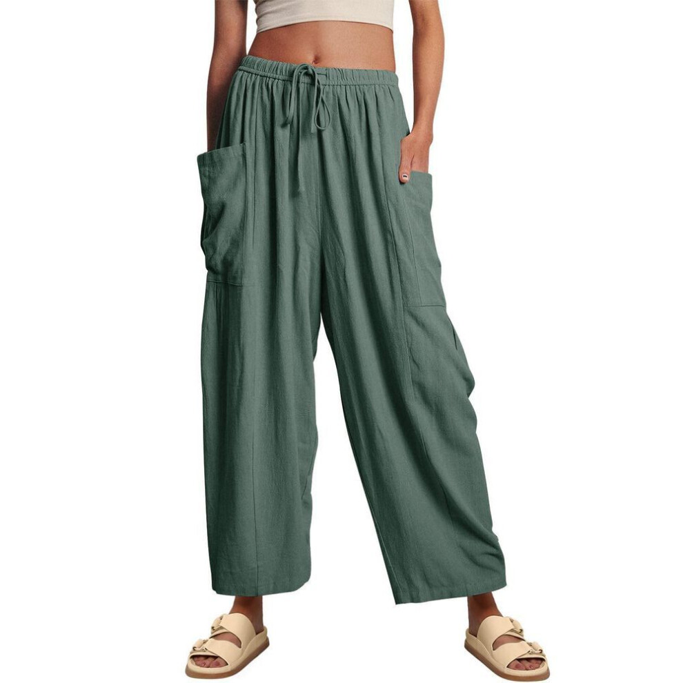 (green, S) 2025 Elastic Waist Pleated Mid-Rise Straight Cotton-Linen Casual Pants for Spring and Summer
