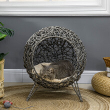 PawHut Rattan Elevated Cat House with Cushion - No Assembly Required, Stable 3-Leg Base, Breathable Grey PE Rattan (D30-245V70SR)