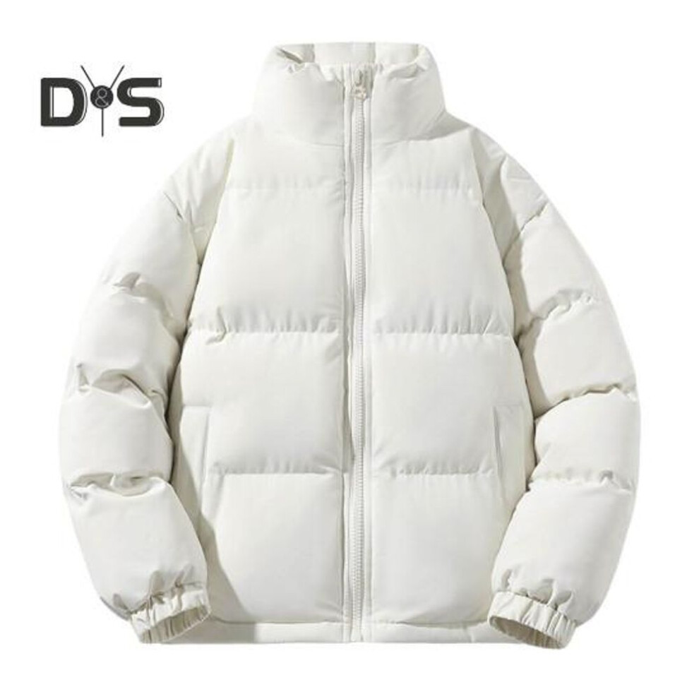 (white, 3XL) Men Cotton Coat Stand Collar Long Sleeve Zipper Placket Jacket with Pockets Solid Color Thickened Warm Quilted Outwear