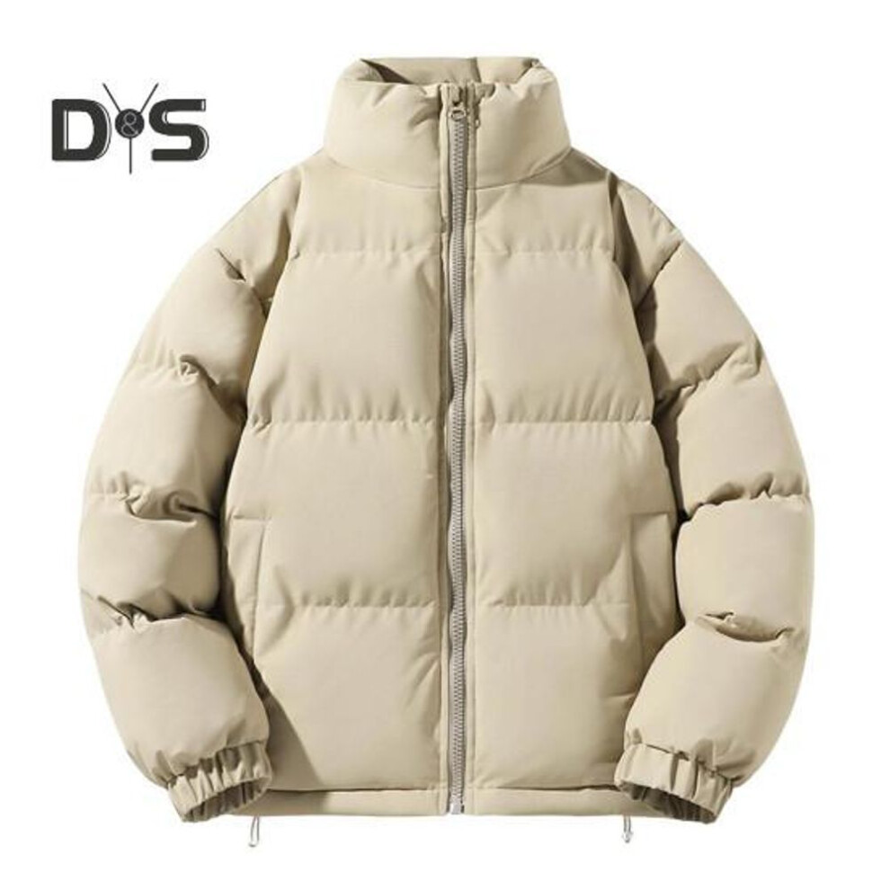 (khaki, 3XL) Men Cotton Coat Stand Collar Long Sleeve Zipper Placket Jacket with Pockets Solid Color Thickened Warm Quilted Outwear