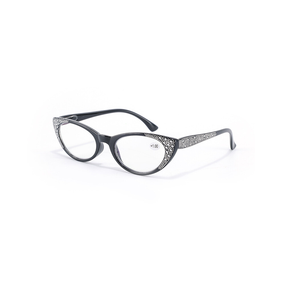 (+1.25, Black) Womens Bling Rhinestone Readers Reading Glasses +0.75~3.5 Cat Eye
