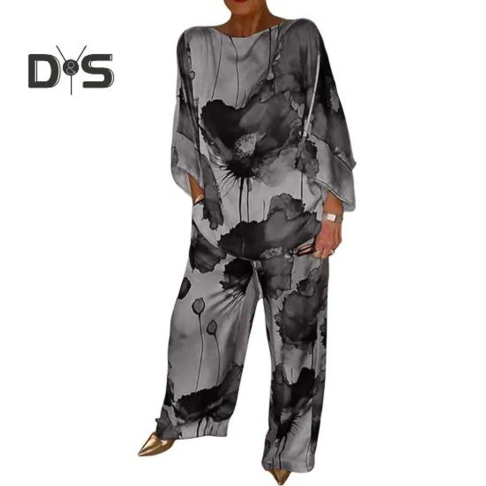 (grey, 4XL) 2 Pcs/Set Women Top Pants Set Bright Color Floral Print Three Quarter Bat Sleeves O Neck T-shirt Wide Leg Deep Crotch Elastic Waist Loose Casual