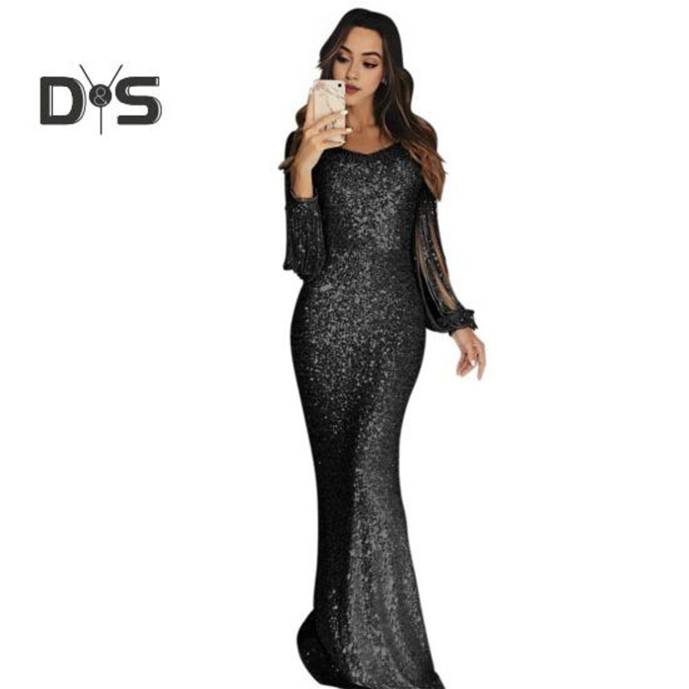 (black, M) Women Prom Dress Tassel Sleeves Sheath Slim Fit V Neck Solid Color Sequin Fishtail Hem Evening Dress Cocktail Party Maxi Dress