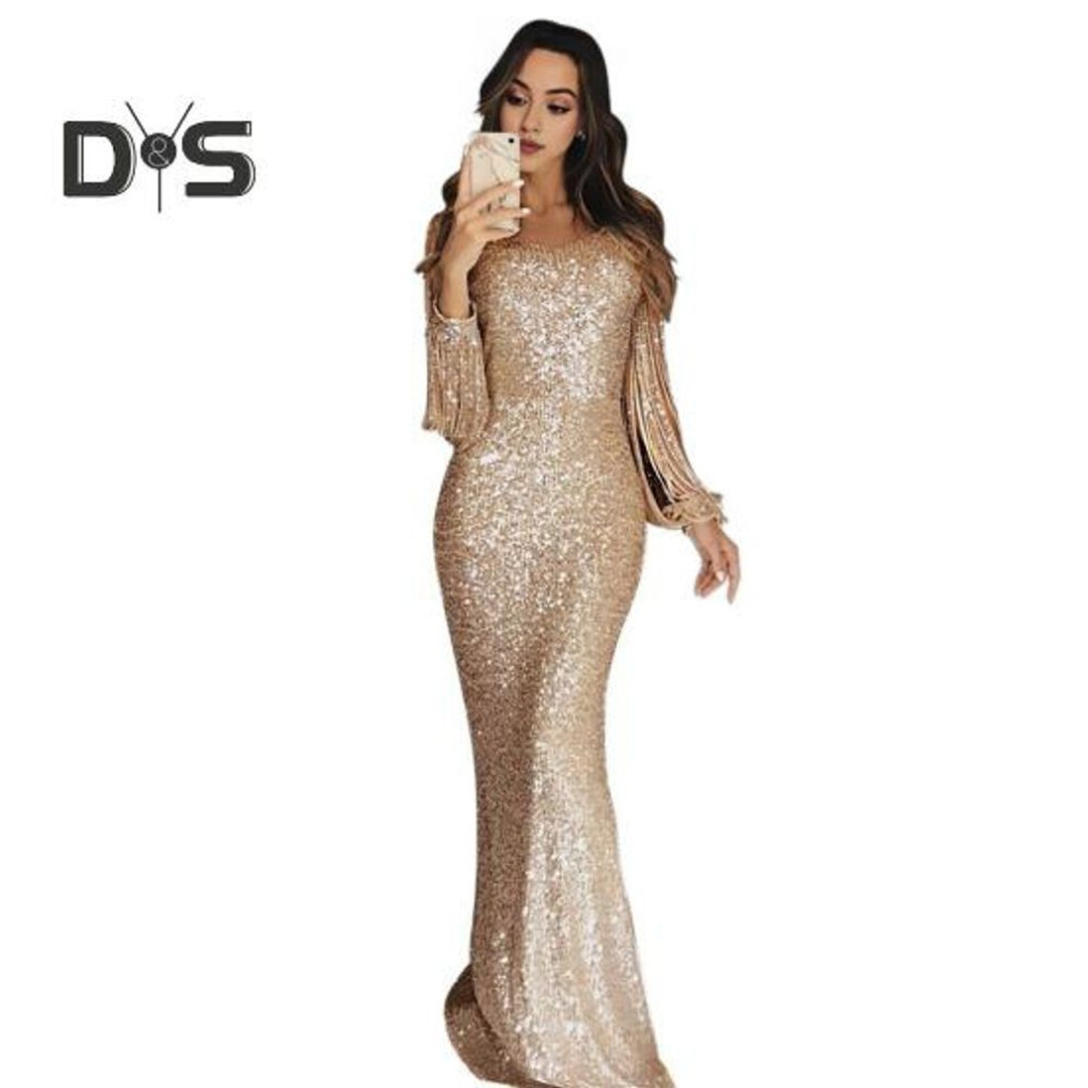 (champagne, S) Women Prom Dress Tassel Sleeves Sheath Slim Fit V Neck Solid Color Sequin Fishtail Hem Evening Dress Cocktail Party Maxi Dress