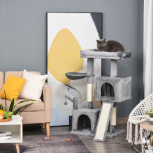 PawHut 111cm Kitten Activity Centre with Scratching Post Condo Hammock Grey