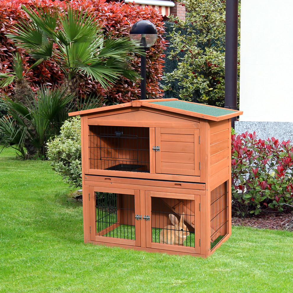 PawHut Rabbit Hutch, 2-Tier Bunny Cage with No-Leak Tray & Ramp, Outdoor