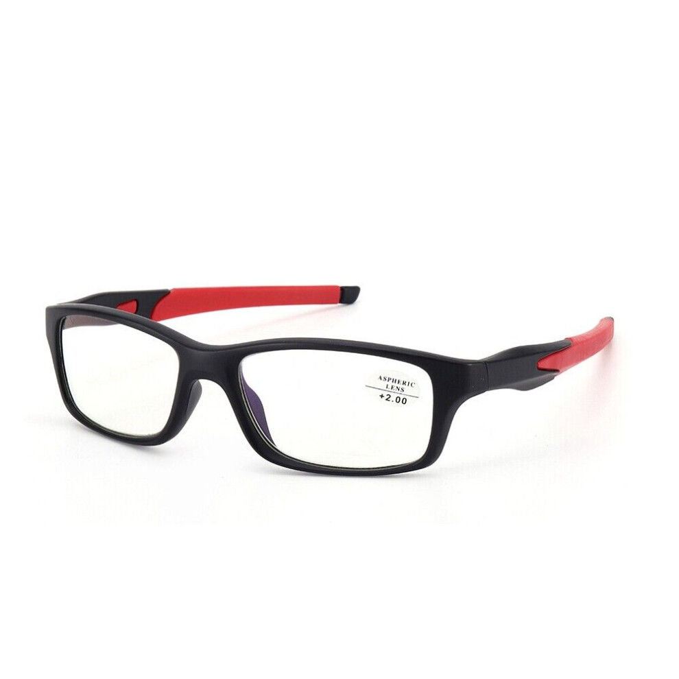 ( +2.0, Red) Mens Sport Reading Glasses Blue Light Blocking Readers Rubber Anti-Slip +1.0 ~ +3.5
