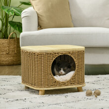 PawHut Elevated Wicker Cat House with Washable Cushion, Light Brown – Private Entrance, Moisture-Resistant, 40x40x34 cm (D30-802V70LR)
