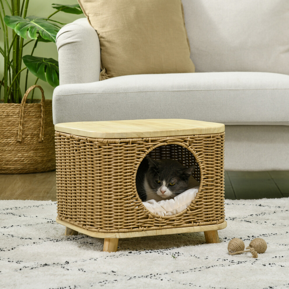 Pawhut Elevated Wicker Cat House With Washable Cushion, Light Brown – Private Entrance, Moisture-Resistant, 40X40x34 Cm (D30-802V70lr)