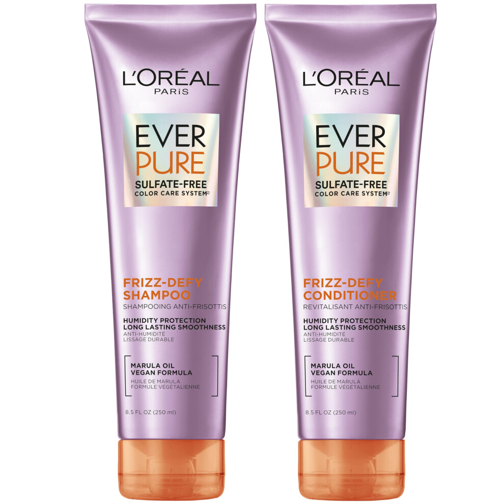 L'Oreal Paris Frizz Defy Shampoo and Conditioner Set  Frizz Control Hair Care with Marula Oil  EverPure  8.5 Fl Oz  Set of 2