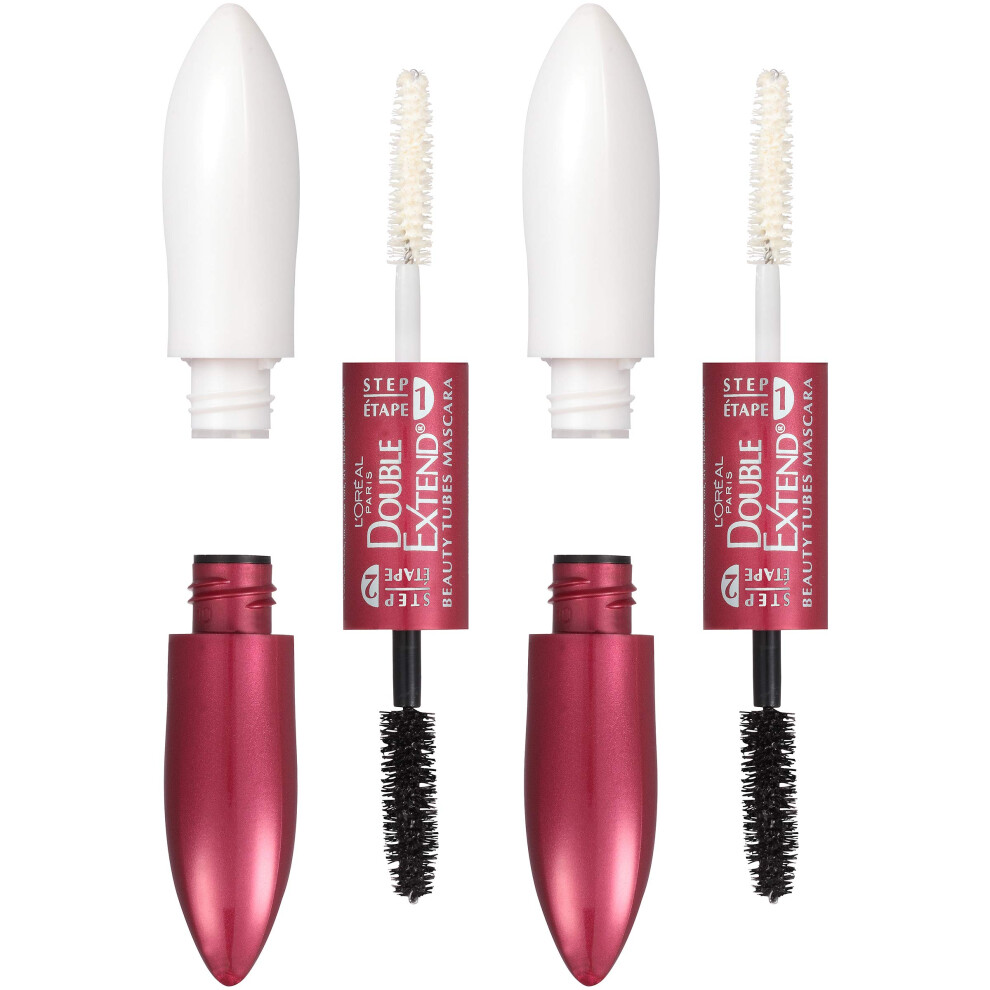 L'Oreal Paris Makeup Double Extend Tubing Mascara  Lengthening 2 Step Mascara  Smudgeproof  Black  Pack of 2