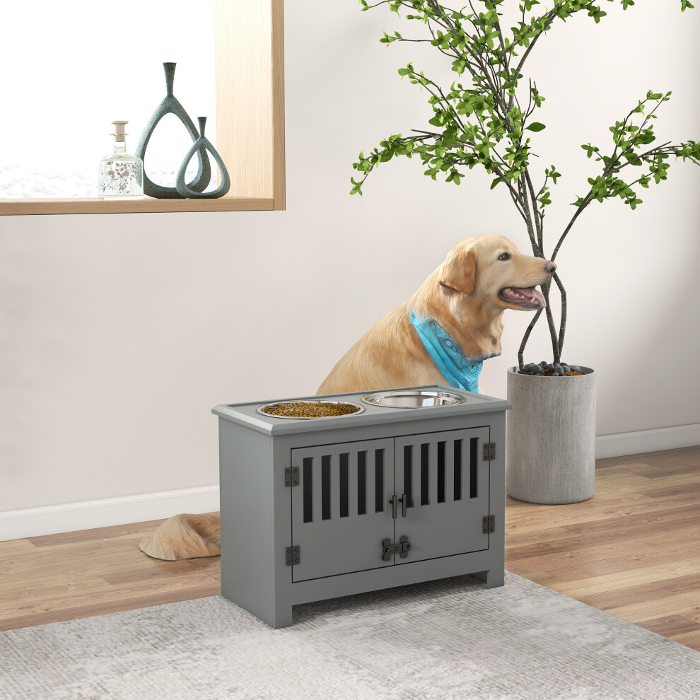 Pawhut Raised Dog Bowls For Large Dogs Feeding Station W/ Stand, Storage - Grey