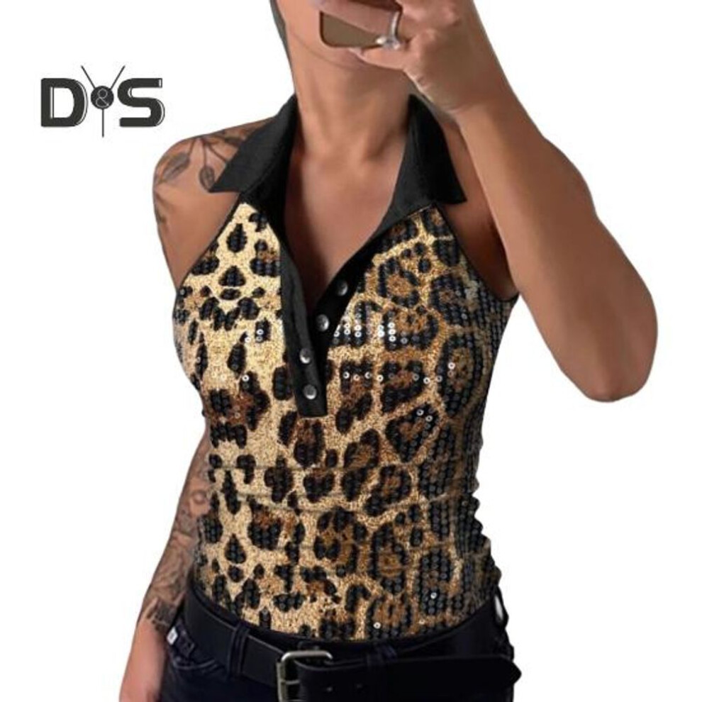 (L, leopard) Women Vest Lapel V-Neck Sleeveless Off Shoulder Tops Shiny Sequins Tank Tops Holidays Parties Clubs Wear