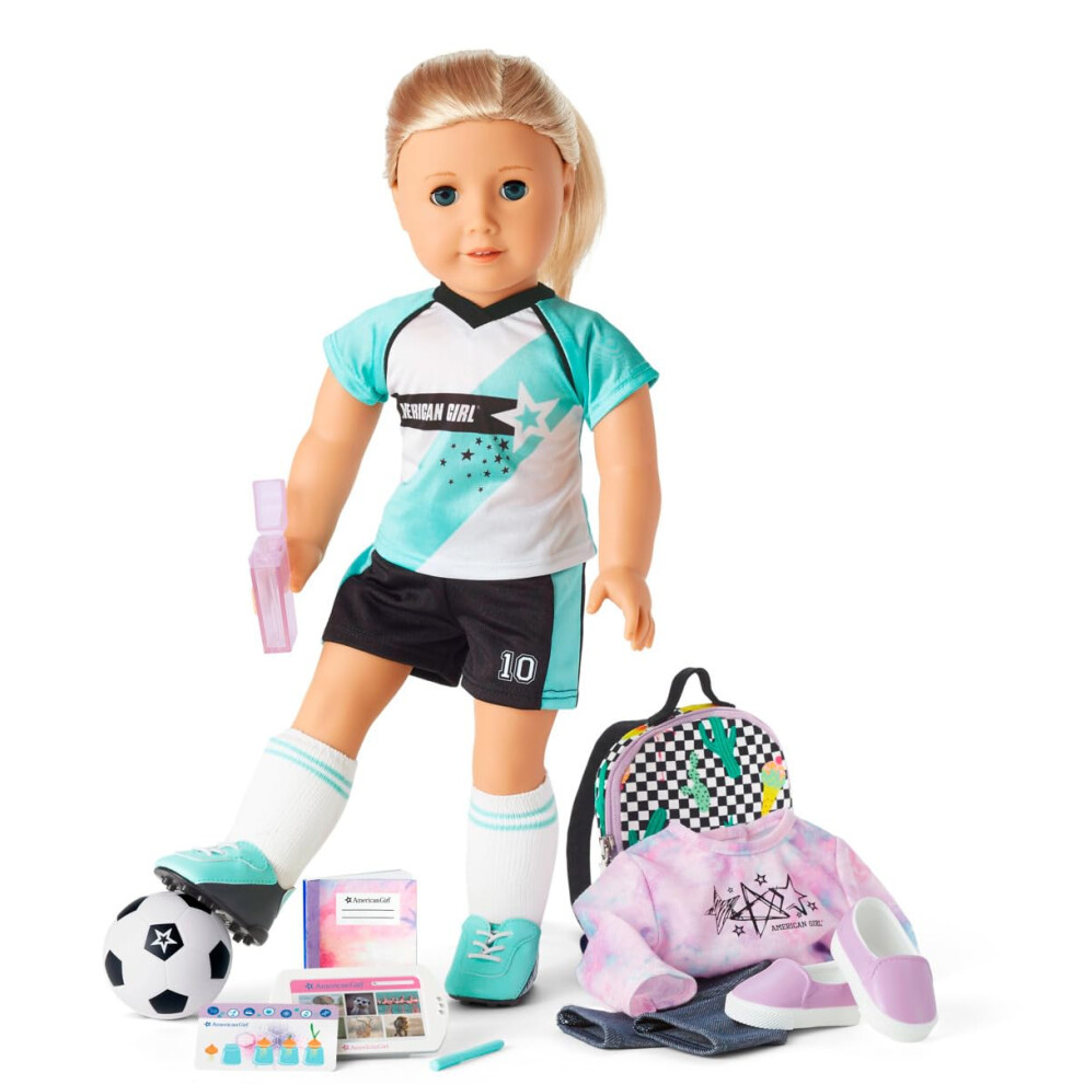 HJN01 American Girl Truly Me 18-Inch Doll 27 & School Day to Soccer Playset with Uniform, Ball, and Supplies - Ages 6+