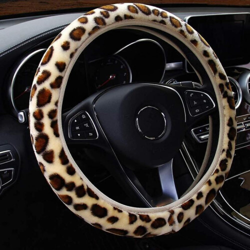 Leopard Fluffy Plush Steering Wheel Cover Soft Plush Warm Winter Universal 38cm 2