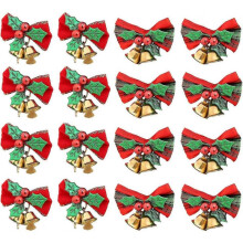 16 Pack Christmas Bow with Bells Xmas Mini Bowknot Craft Gift Ornament Christmas Tree Hanging Decor