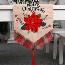 Christmas Table Runner, Printed Poinsettia Flower with Tassel for Holiday Season Home Table