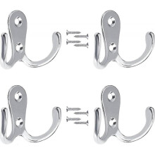 4 Pcs Double Prong Robe Hooks, Dual Coat Hooks Wall Mounted Hanging Clothes for Bathroom Bedroom Door Wall Retro Hooks with 8 Screws (Sliver)