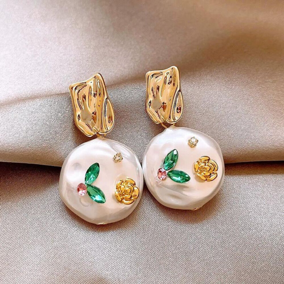 (almond) Vintage Oil Painting Style Flower Earrings Fashion Pearl Geometric Drop Earrings For Women Wedding Jewelry Accessories