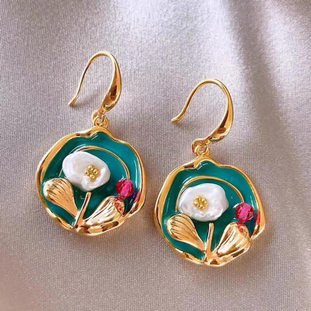 (amazon) Vintage Oil Painting Style Flower Earrings Fashion Pearl Geometric Drop Earrings For Women Wedding Jewelry Accessories