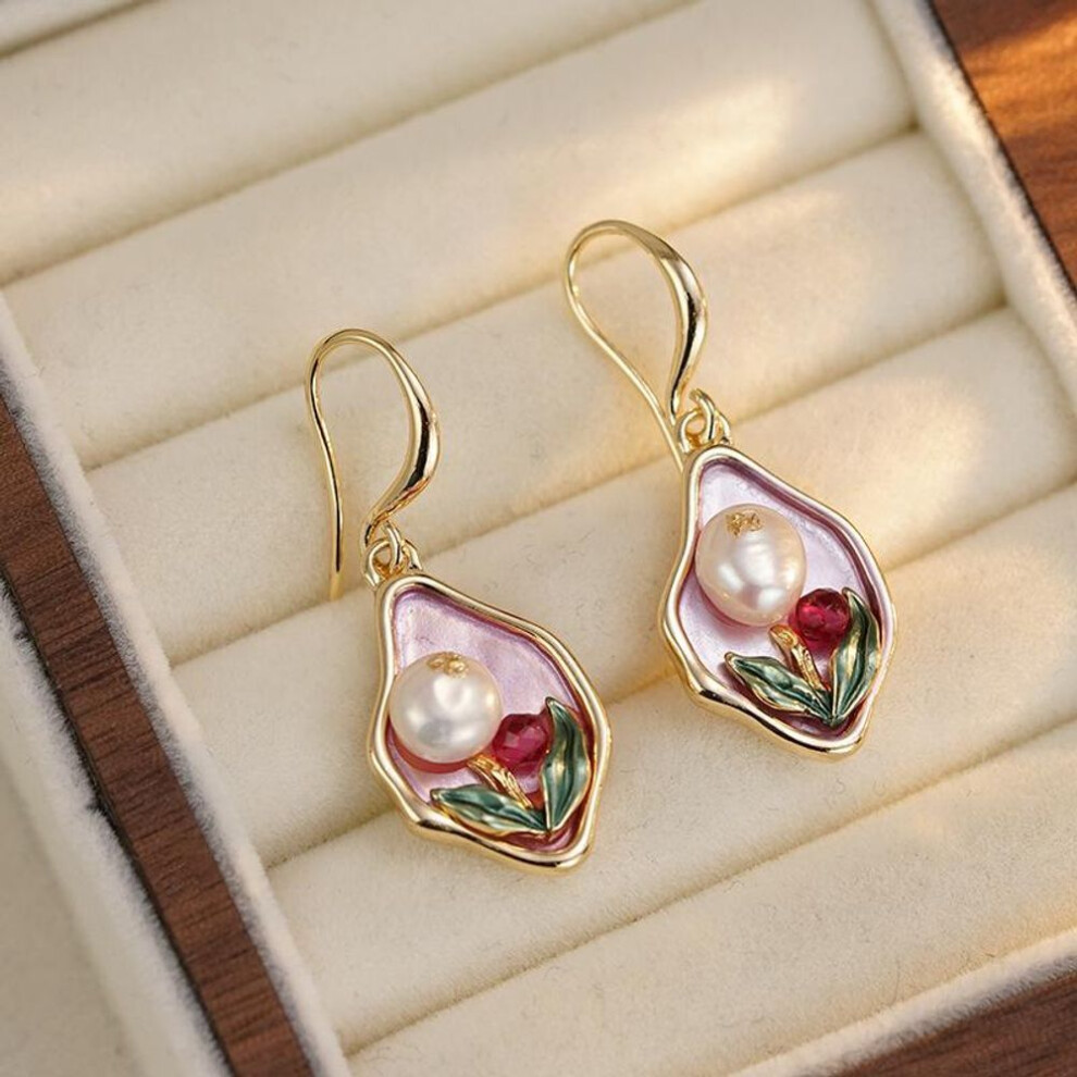 (aero) Vintage Oil Painting Style Flower Earrings Fashion Pearl Geometric Drop Earrings For Women Wedding Jewelry Accessories