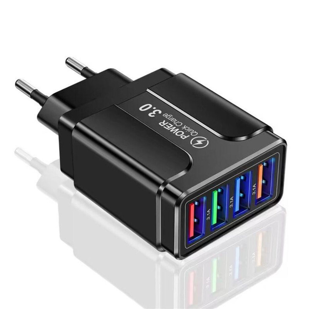 (black, EU Plug) 4-Port USB Fast Charger, Quick Charge 3.0, 18W Portable Wall Charger Adapter for iPhone, Xiaomi, Samsung, EU/US Plug, Compatible with Multiple Devices