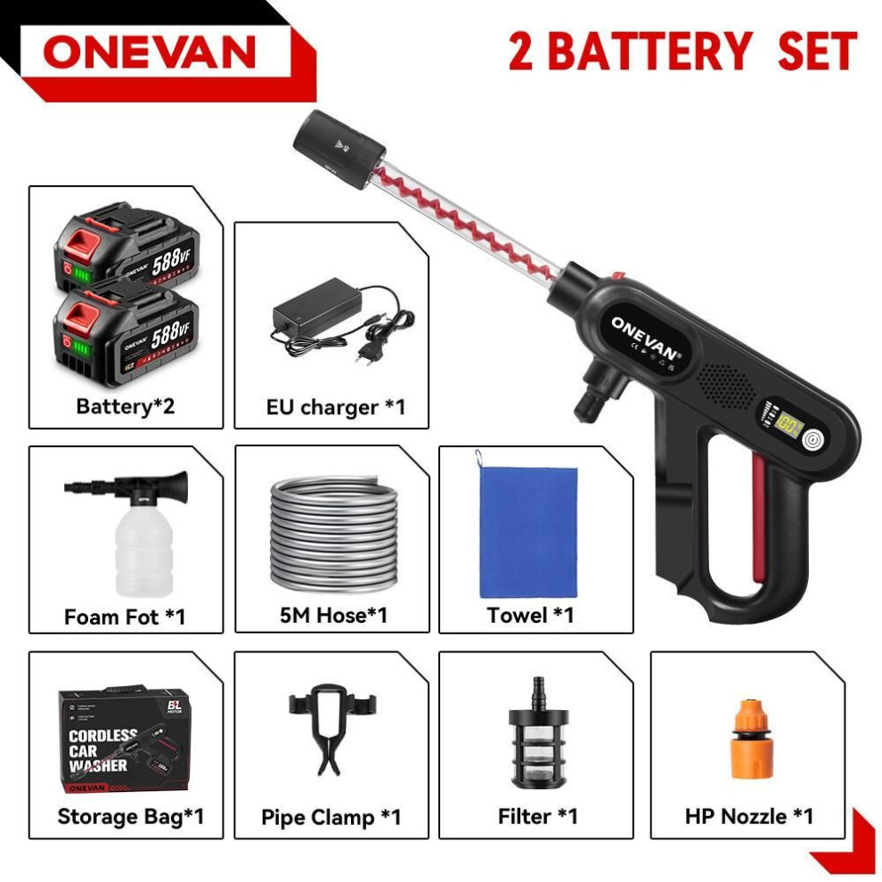 (2 Battery Set) ONEVAN 220Bar Brushless High Pressure Car Washer Gun 3 Gears Electric Spray Gun Garden Washing Water Wash for Makita 18V Battery