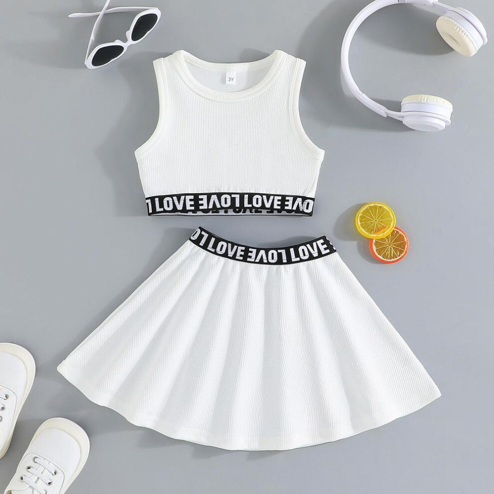 (white, 5Y) New Kids 3-7Y summer Clothing Beach Style Girl's Suit Skirt Sweet Sports Style Skirt Suit