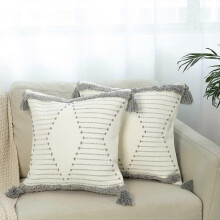 Cushion Pillowcase for Sofa Sofa - Set of 2 Decorative Boho Square Pillowcase Cotton Woven Tufted Pillowcase. (18x18 Inch, Grey)
