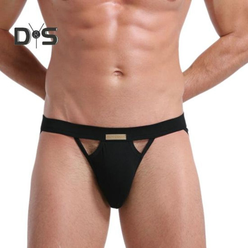 (XL, black) Men Briefs Low-rise Elastic Waistband Moisture-Wicking Thong Hollow U-convex Hip Lifting Solid Color Panties