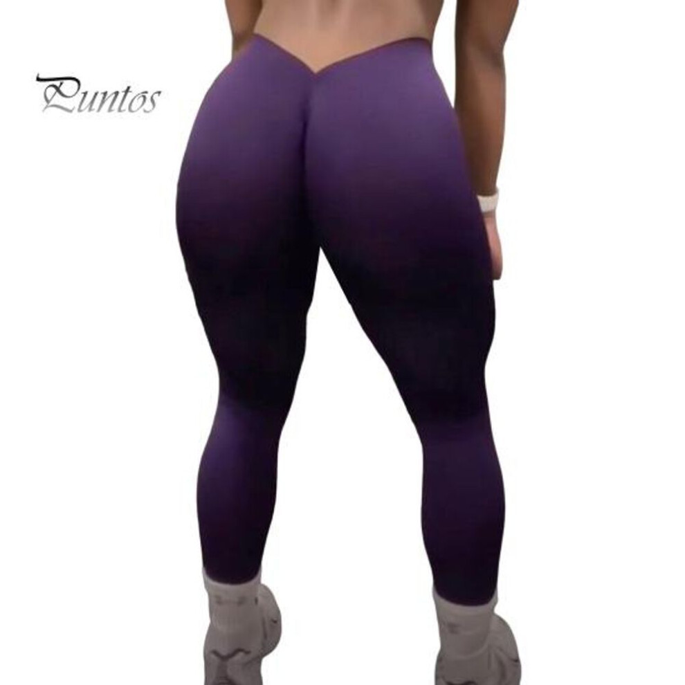 (purple, M) Women Yoga Pants High Waist Slim-Fit V-Waist Design Elastic Waistband Leggings Ruched Solid Color Exercise Leggings