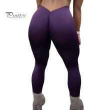(purple, L) Women Yoga Pants High Waist Slim-Fit V-Waist Design Elastic Waistband Leggings Ruched Solid Color Exercise Leggings