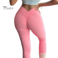 (pink, M) Women Yoga Pants High Waist Slim-Fit V-Waist Design Elastic Waistband Leggings Ruched Solid Color Exercise Leggings