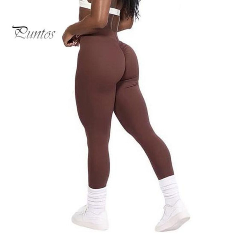 (coffee, L) Women Yoga Pants High Waist Slim-Fit V-Waist Design Elastic Waistband Leggings Ruched Solid Color Exercise Leggings