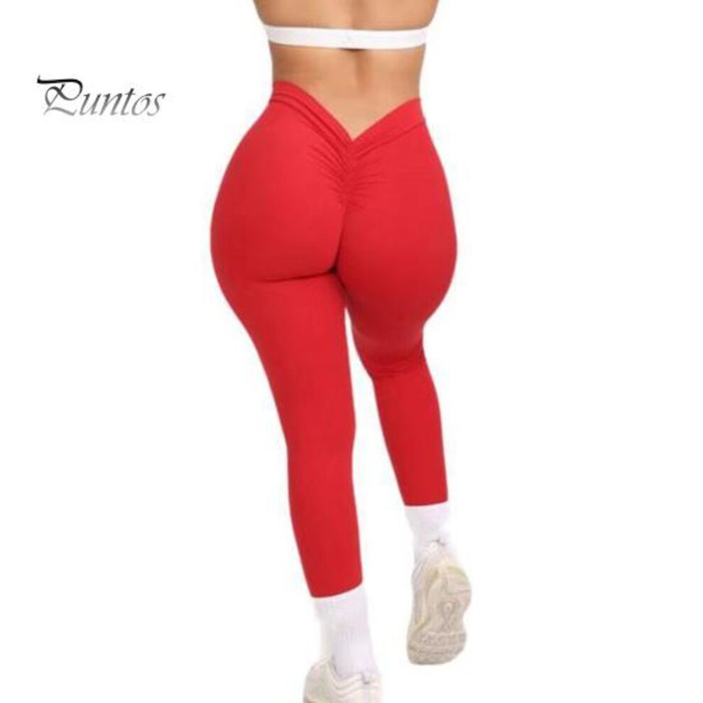 (red, L) Women Yoga Pants High Waist Slim-Fit V-Waist Design Elastic Waistband Leggings Ruched Solid Color Exercise Leggings