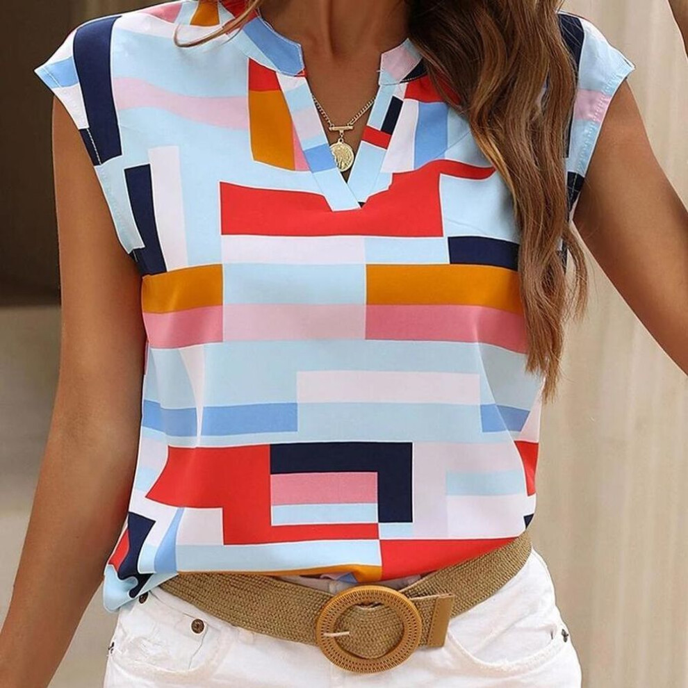 (L, blue) Women's Fashion Summer Spring Casual Geometric Print Sleeveless V-Neck Blouses & Shirts