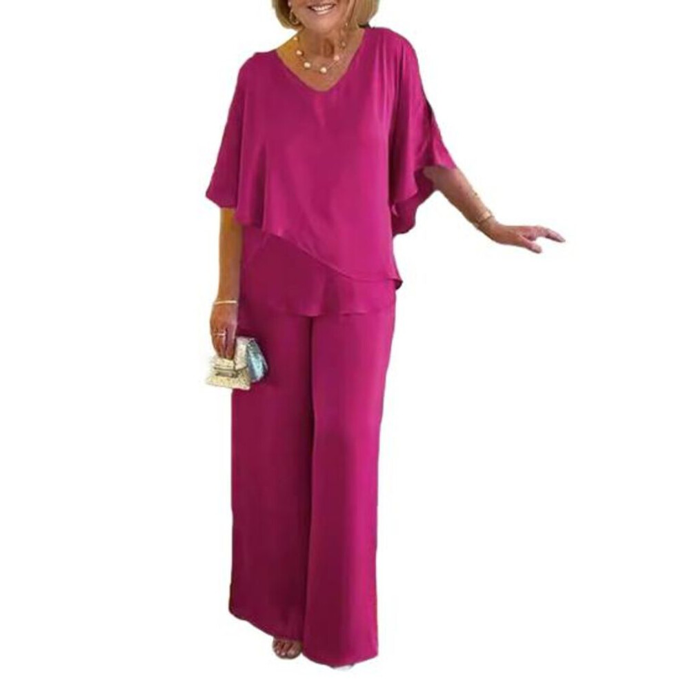 (rose red, 2XL) Women's Summer Two Piece Outfits V-neck Irregular Layered Hem Top Wide Leg
