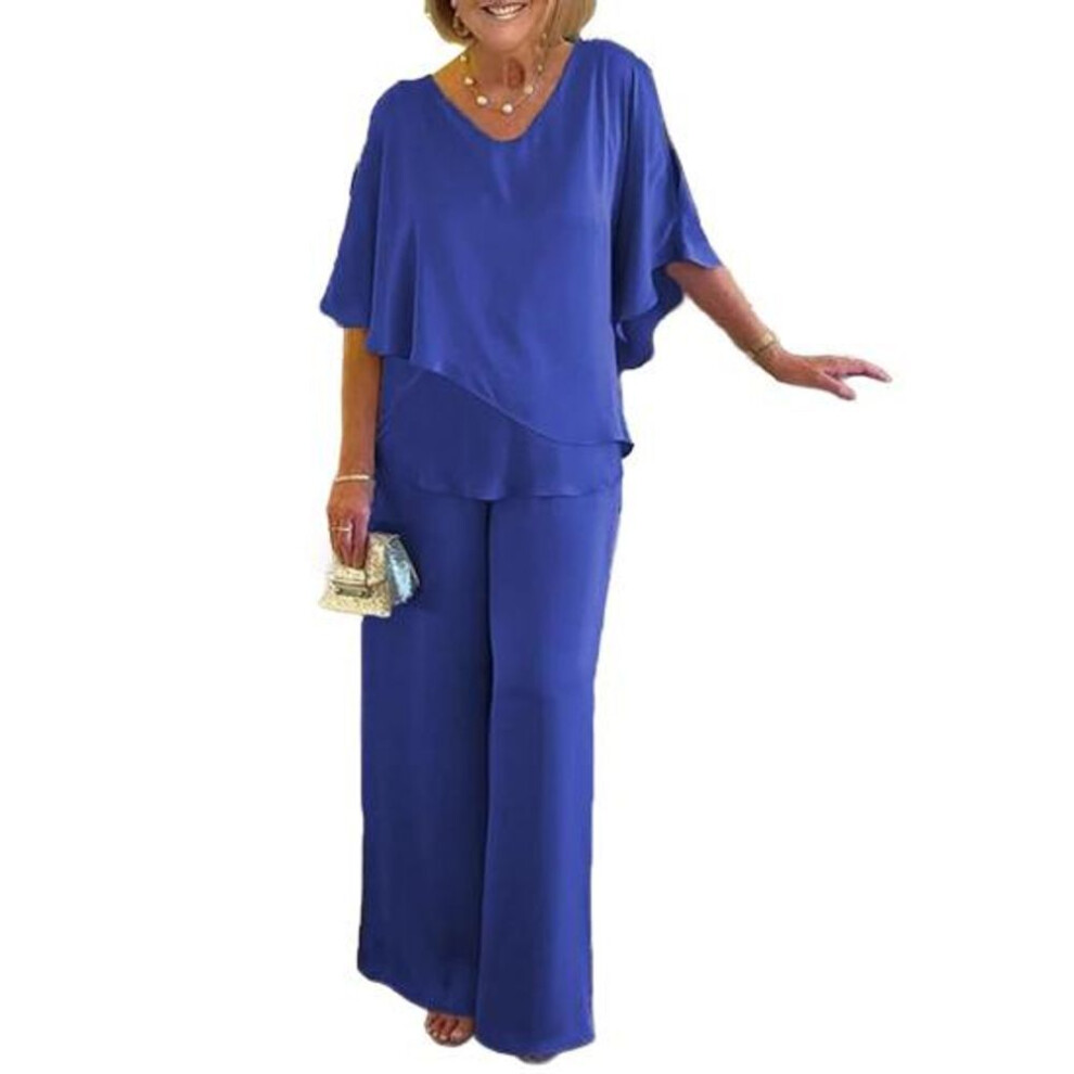 (blue, 2XL) Women's Summer Two Piece Outfits V-neck Irregular Layered Hem Top Wide Leg