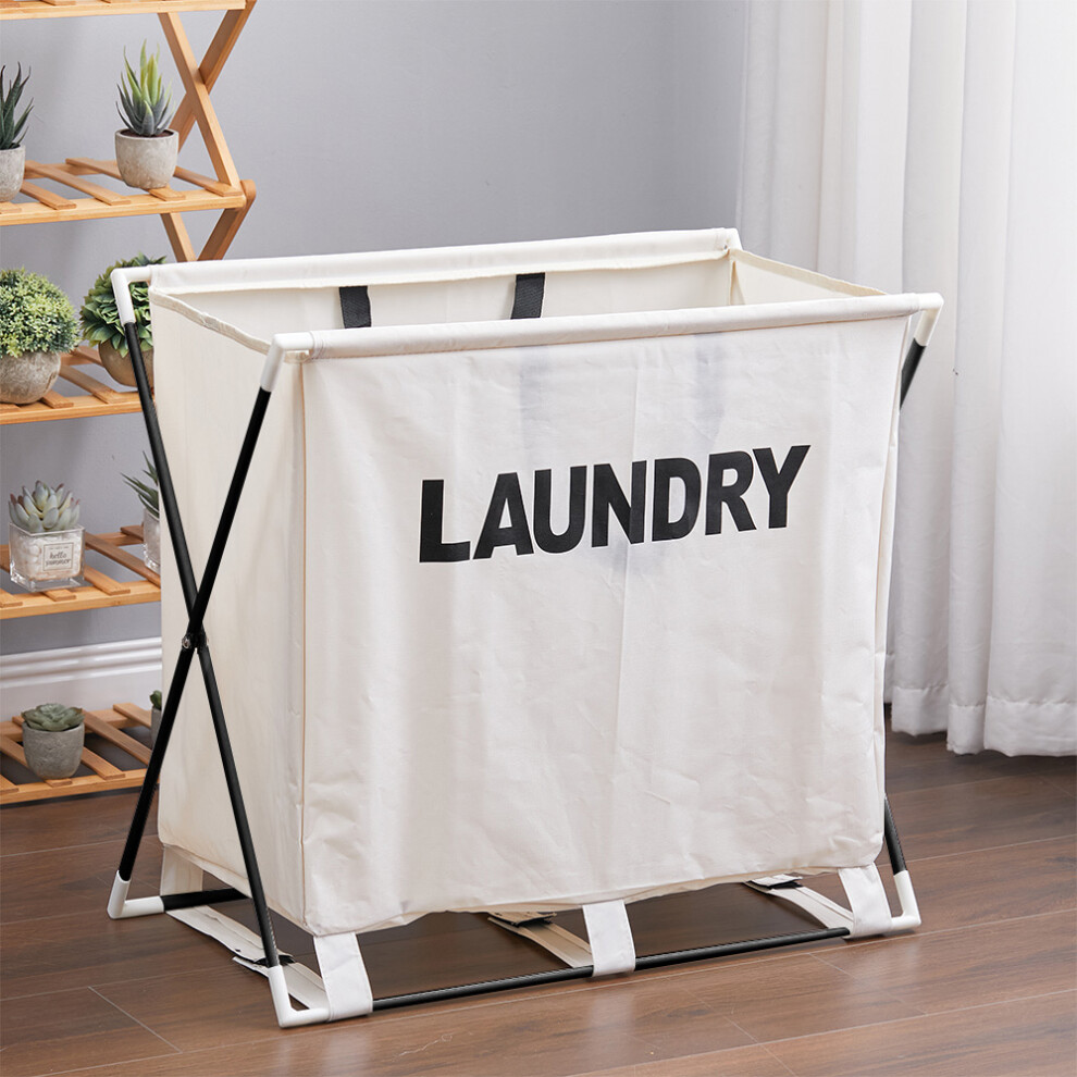(Beige) Large Folding Laundry Basket Washing Sorter Hamper